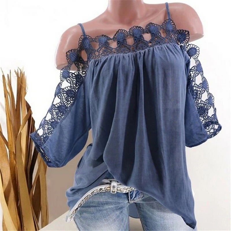 Tops y blusas para mujer de talla grande, blusa suelta con encaje y hombros descubiertos, Tops Vintage, camisa de manga larga con agujeros, ropa, XL-5XL