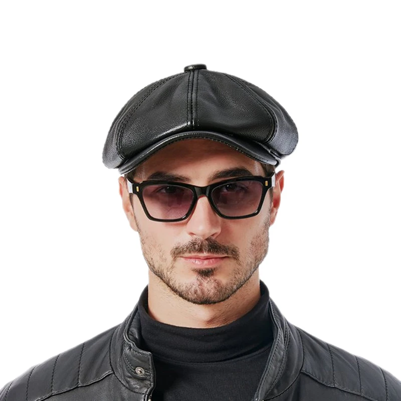 Hats Men Winter 100% Genuine Leather Warm Cap Male Beret Painter Boina Cowhide Octagonal Casquette Streetwear beret hat,woolen beret