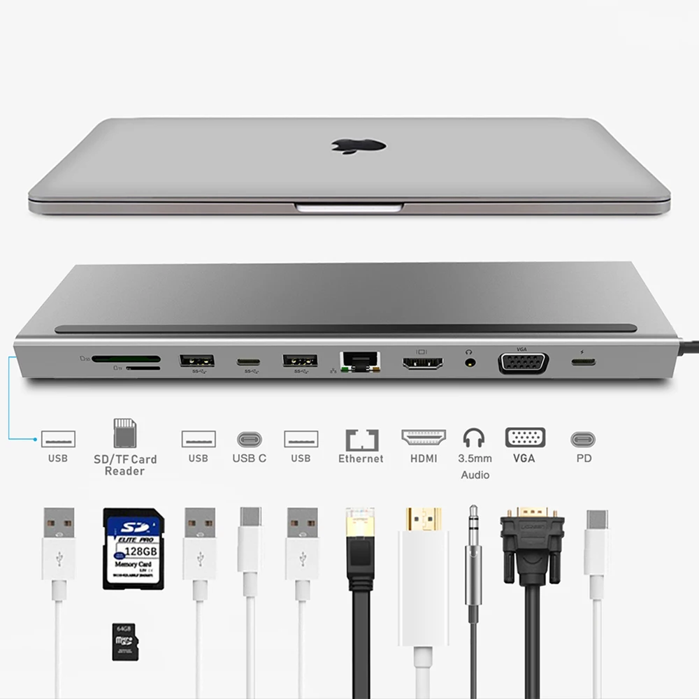 11 in 1 USB C Laptop Docking Station Type C to HDMI VGA RJ45 Ethernet USB 3.0 SD/TF Card Reader Wit