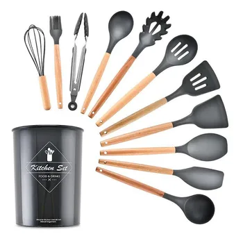 

Silicone Cooking Utensils Set Non-stick Spatula Shovel Wooden Handle Cooking Tools Spoon Spatula Set With Storage Box Kitchen To