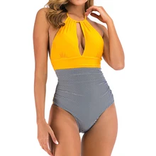 Желтый сдельный купальник размера плюс полосатый принт женские Купальники Пэчворк открытая спина купальник женский Монокини S-2XL
