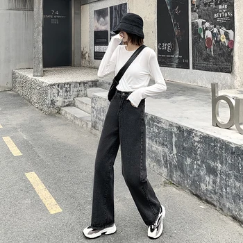 

Mozuleva 2020 Spring Fashion Women Denim Jeans High-waist Straight Jeans for Women Side Split Jeans Vintage Female Long Pant