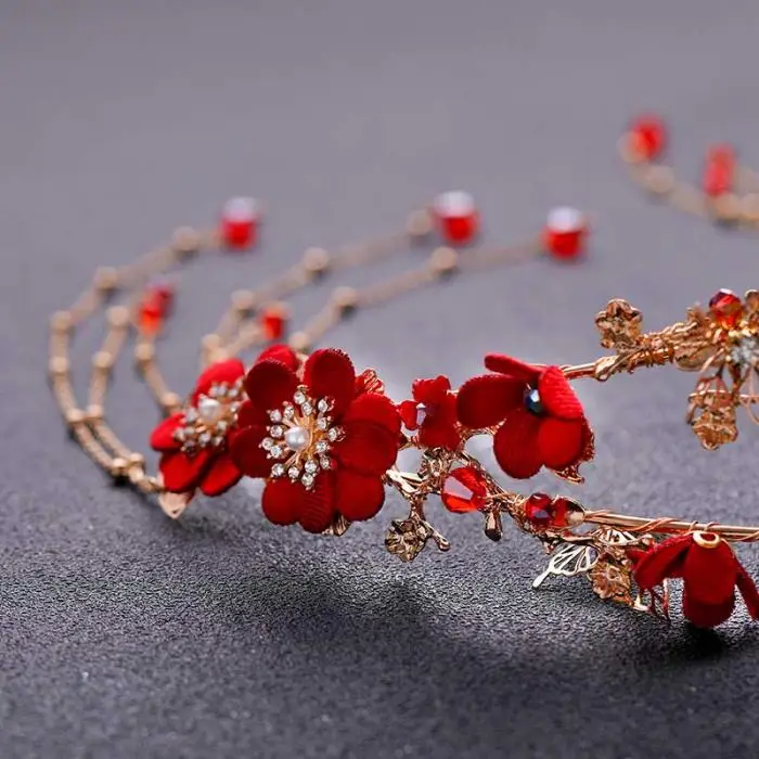 FORSEVEN Chinese Traditional Gold Red Flower Bridal Bride Wedding Headdress Hair Jewelry Long Tassel Headband Tiara Earrings Set