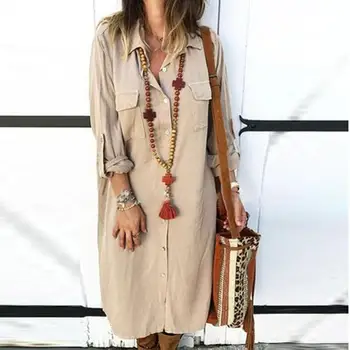 

Women Autumn Cotton Long Shirt Dress ladies Long Sleeve Loose high waist dresses with buttons solid color turn down collar