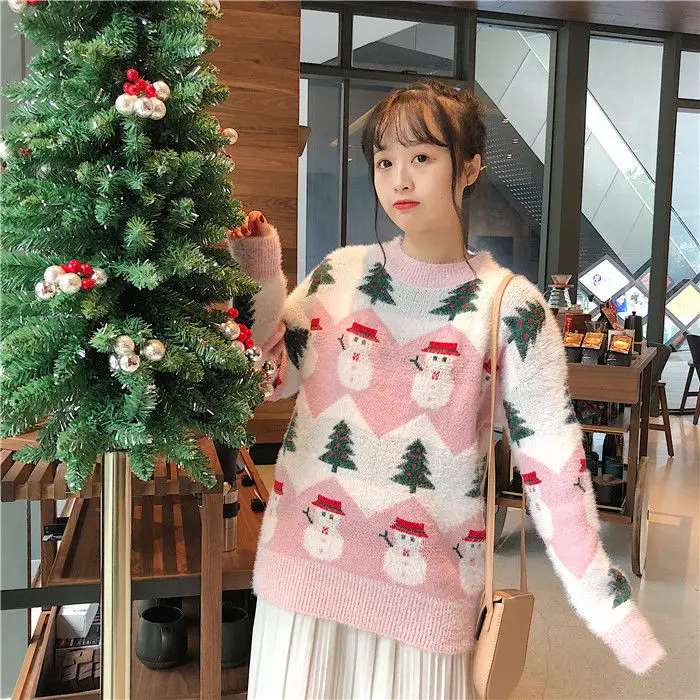 

Autumn / Winter 2020 Mink Printed Christmas Sweater Women's Korean Loose Pullover Sweet Student Trend