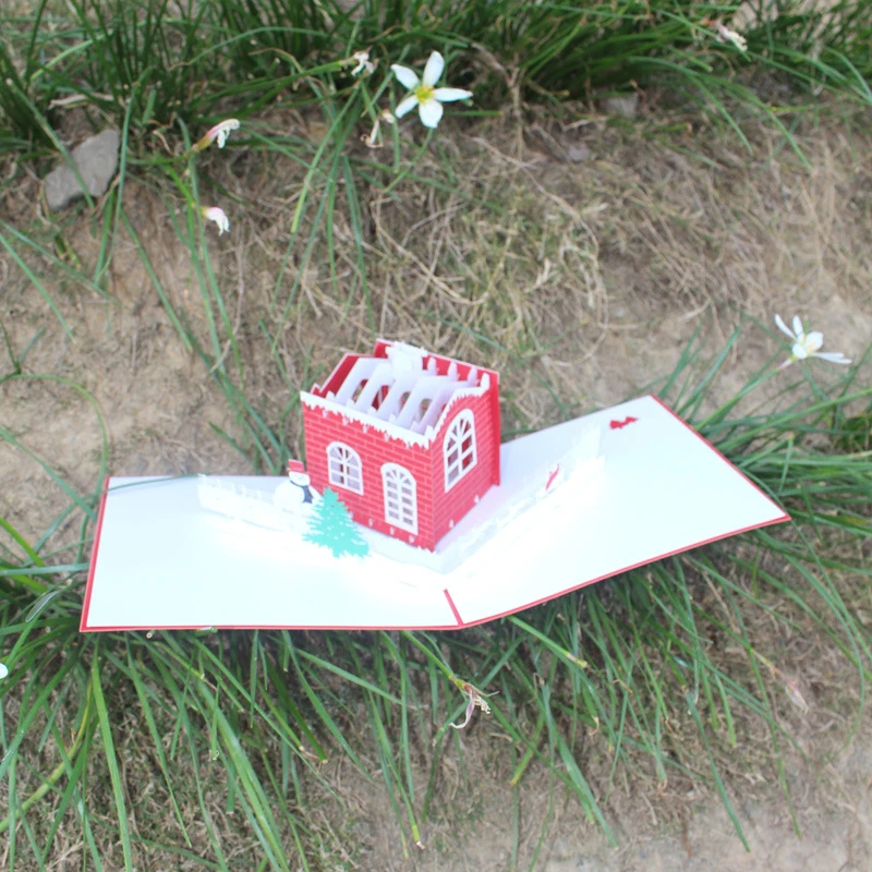  3D Handmade Red Christmas Cottage Snowman Tree Paper Invitation Greeting Cards PostCard Merry Chris - 4000314482629