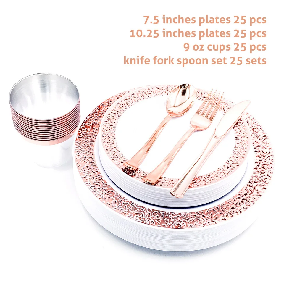 Nicro 150 pcs/set Silver Rose Gold Cups Plastic Plates Fork Knives Spoons Disposable Clear Dinnerware Set