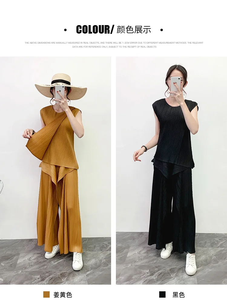MIYAKE/костюм со складками; Новинка года; сезон весна; Необычная футболка+ повседневные Прямые брюки; комплект из двух предметов; брючный костюм;
