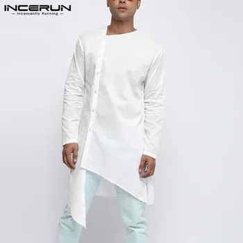 

Men's Shirt Indian Clothes Streetwear Vintage Long Sleeve Button Irregular Shirts Men Kurtas Solid Muslim Long Tops 2020 INCERUN