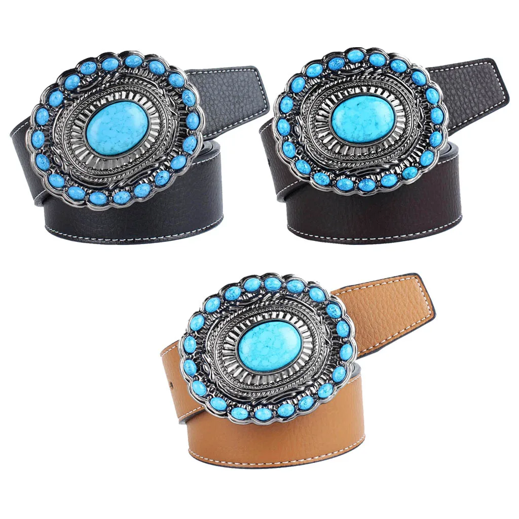 Bohemian Western Cowboy PU Leather Strap Belt Gemstone Buckle Belt