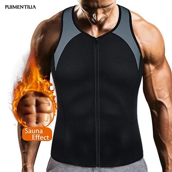 

Puimentiua 2019 Mens Sauna Waist Trainer Vest Zipper Weight Loss Hot Sweat Body Shaper Tank Top Male Fitness Workout Gym Tops