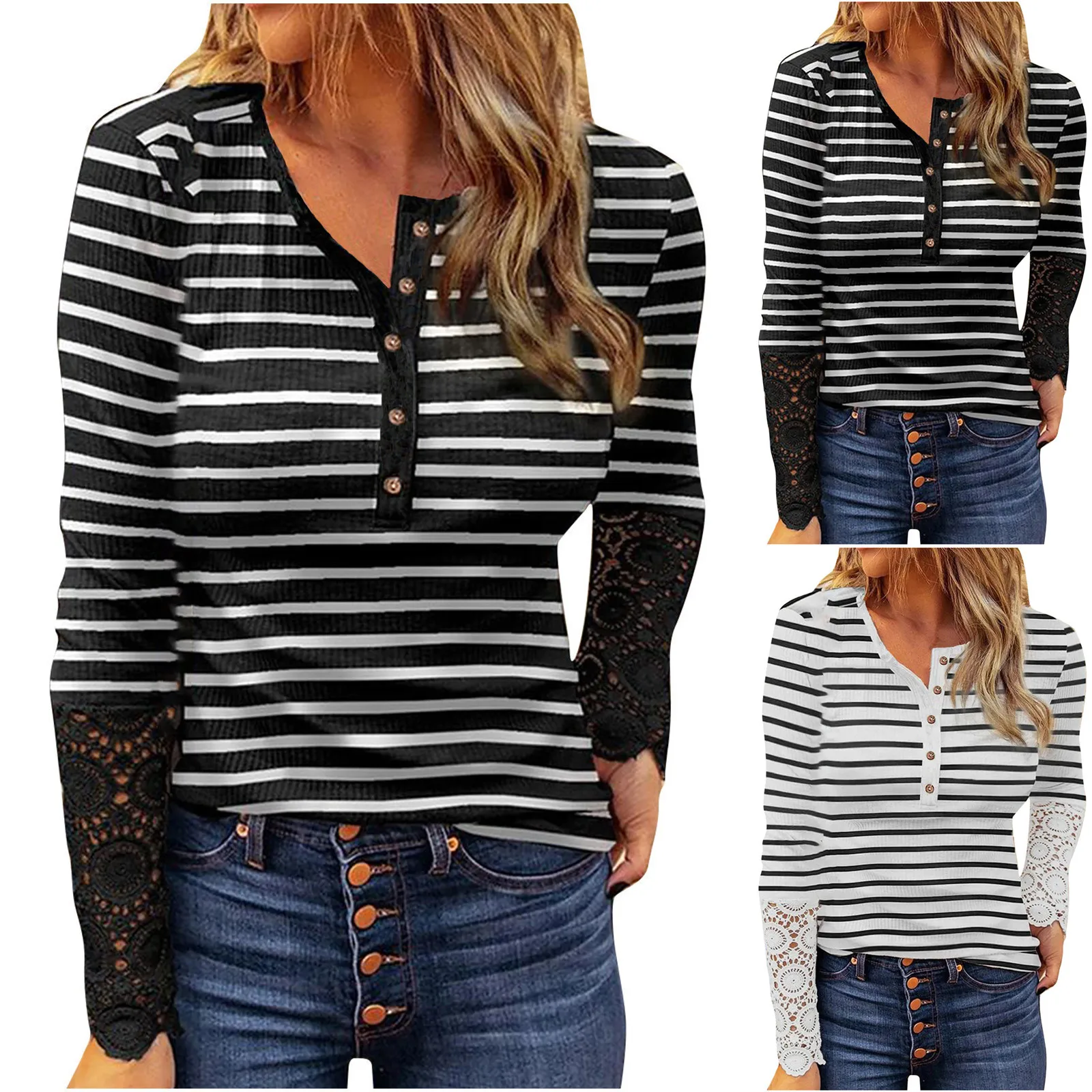 Women Casual Slim T-Shirts Autumn Patchwork Stripe printing Lace Long Sleeve Knit Tunic Top V-neck Button Slim Top Tee 1