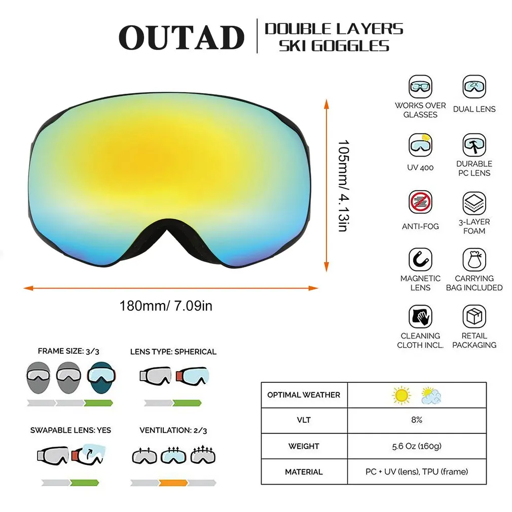 OUTAD двухслойные лыжные очки с защитой от ультрафиолета и запотевания, лыжная маска, очки для катания на лыжах, спорта на открытом воздухе, катания на коньках, лыжные очки
