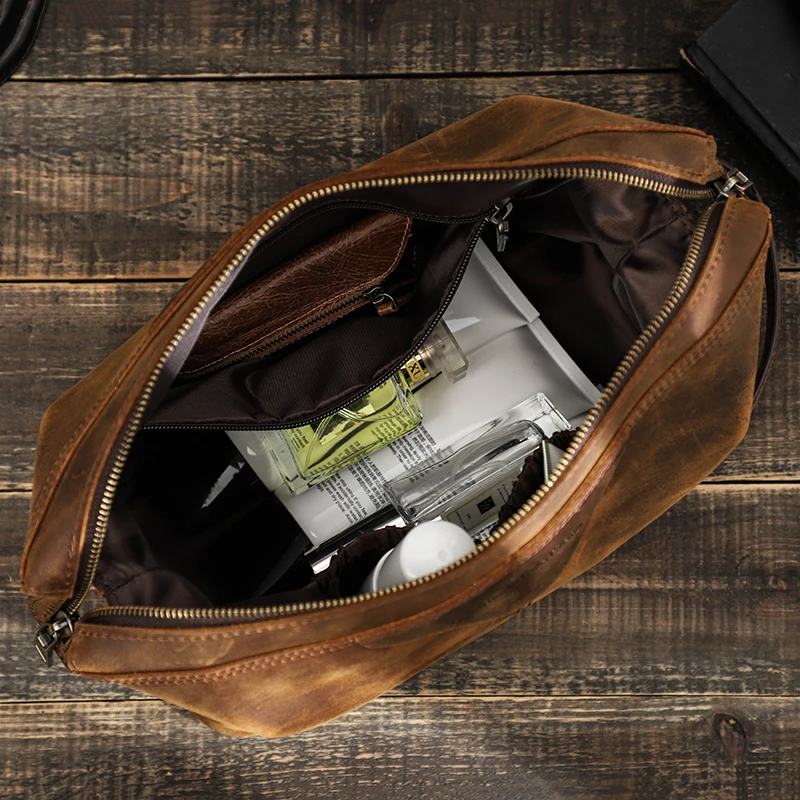 Contact's Crazy Horse Leather Cosmetic Bag For Men Toiletry Bags Male Makeup Pouch Vintage Travel Wash Storage Large Capacity 2