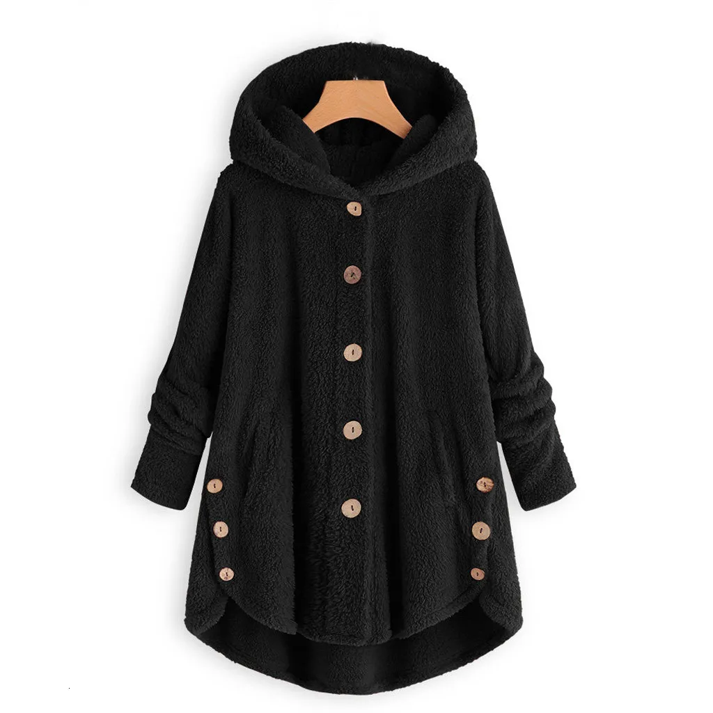 awesome  New Thin Wool Blend Coat Fashion Women Button Fleece Coat Fluffy Outwear Jacket Casual Tops Hooded 