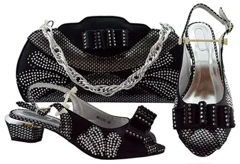 

New arrive black lady kitten shoes match purse with rhinestone african shoes and bag for dress MM1080,heel 4.5CM