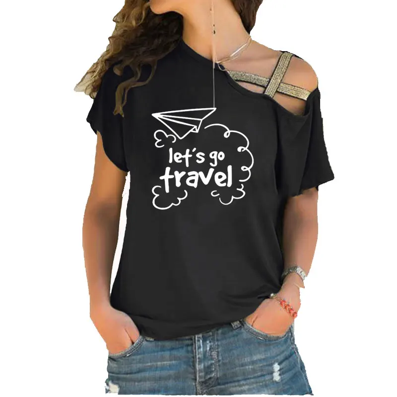 

Lets Go Travel Funny T Shirts Summer women fashion tshirt Irregular Skew Cross Bandage cotton tee tops
