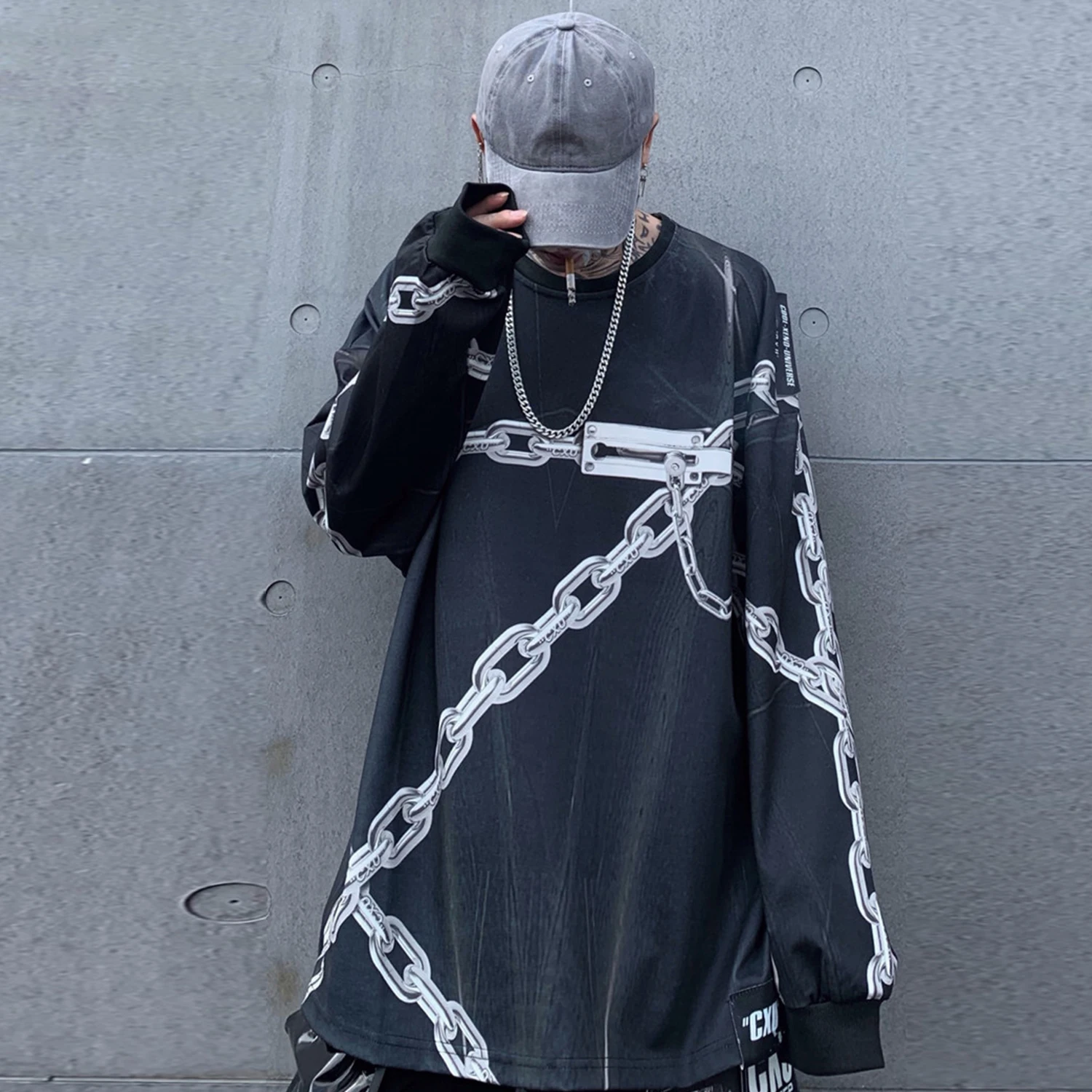 AELFRIC, тёмные мужские толстовки с 3D цепочкой, с принтом,, Harajuku, модная уличная одежда, свободные топы, хип-хоп стиль, повседневные хлопковые мужские пуловеры