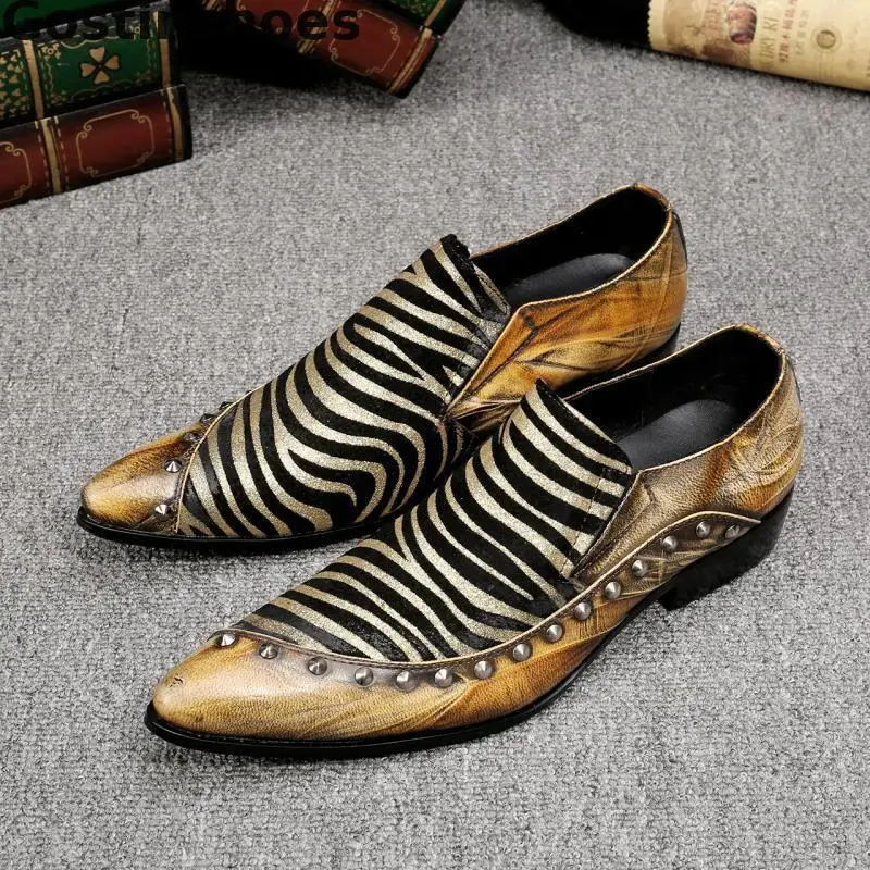 

Vintage Men Leather Shoes Golden Color Striped Genuine Leather Men Casual Shoes Slip-on Metal Capped Toe Men Loafers For Youth