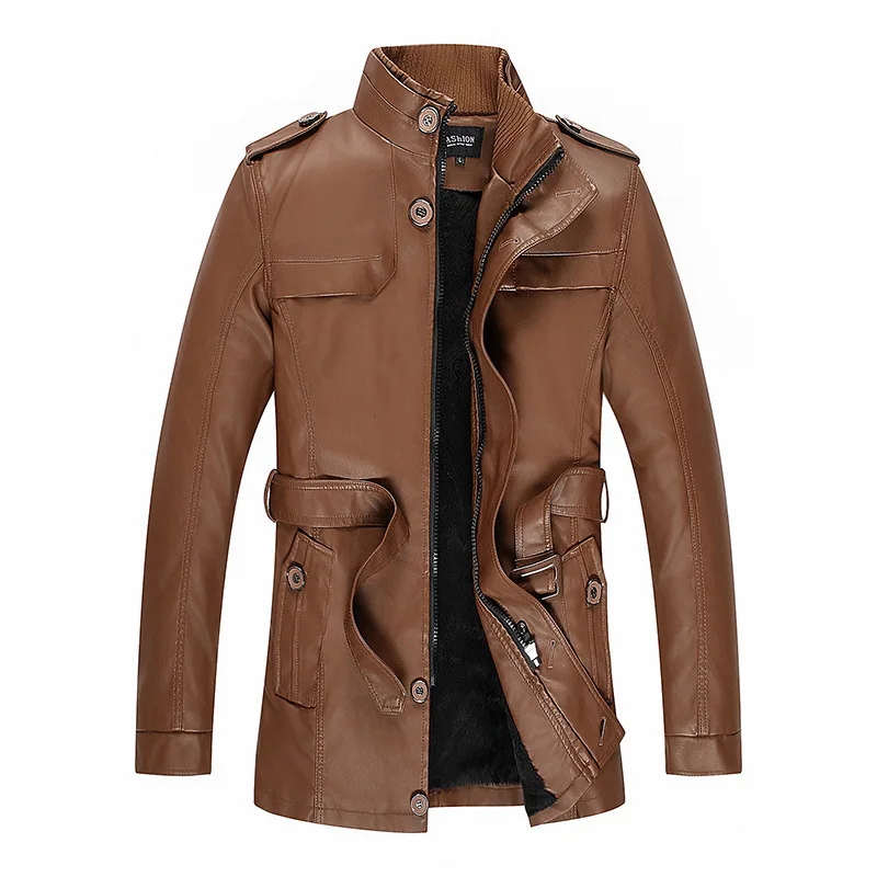 

2019 New Style MEN'S Leather Coat Autumn And Winter plus Velvet Mid-length Leather Jacket Slim Fit Pu Washing Craft Fashion Men'
