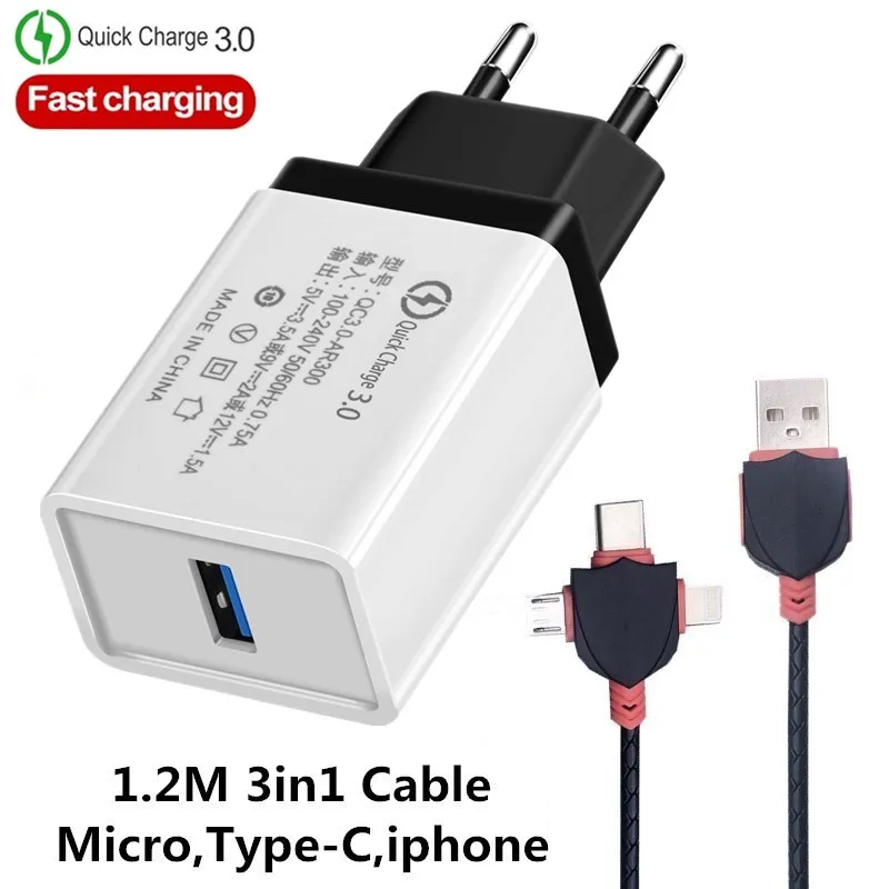 EU Black 3in1 Cable EU/US быстрое зарядное устройство QC 3,0 для мобильных телефонов через USB кабель для зарядного устройства для быстрой Зарядное устройство стены Зарядное устройство для samsung Xiaomi huawei iphone X, 6, 7, 8, 11 Зарядное устройство - Тип штекера: EU Black 3in1 Cable