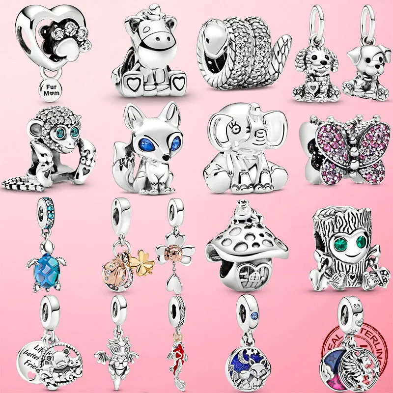 2021 925 Sterling Silver Turtle Fluffy Llama Snake Fox Dangle Charm ladybug Koala Beads Fit Original Pandora Bracelet Jewelry