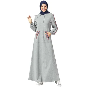 

Saudi Arabia Fashion Hooded Pocket Letter Print Long Dress Middle East Dubai Turkey UAE Dress Slim Temperament Cotton Dress