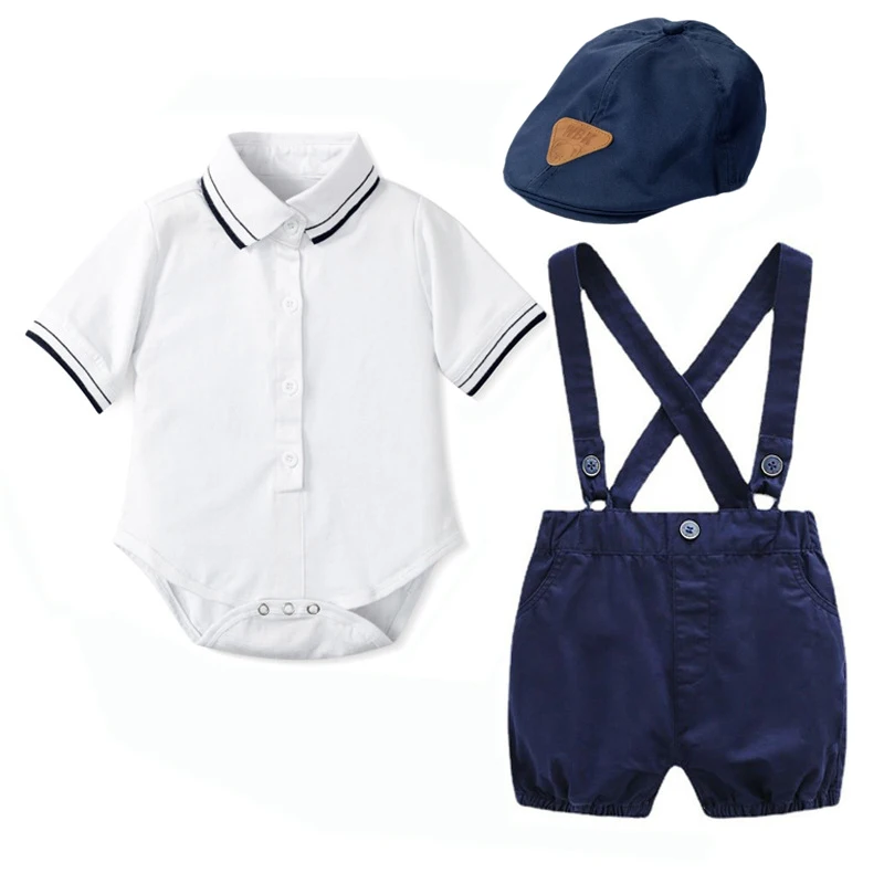 Newborn Baby Clothes Short Sleeve Cotton Baby White Romper Navy Shorts Set Summer Casual Soft Children Clothing for Boy