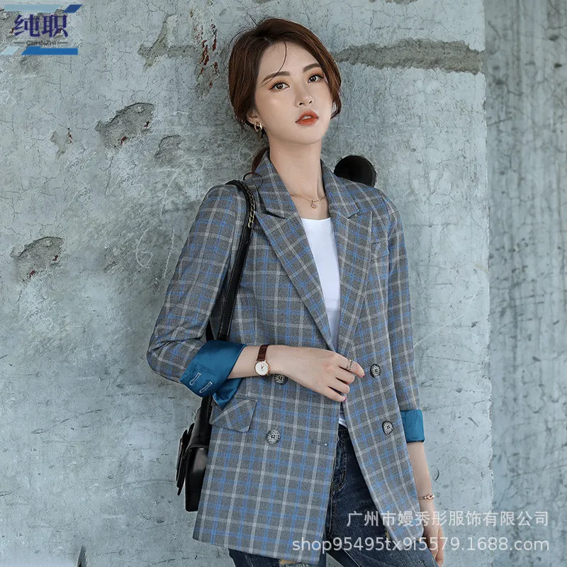

Plaid CHIC Small Suit Coat College Student Korean-style Fall And Winter Clothes Ol British-Style Casual Mid-length Women's Suit
