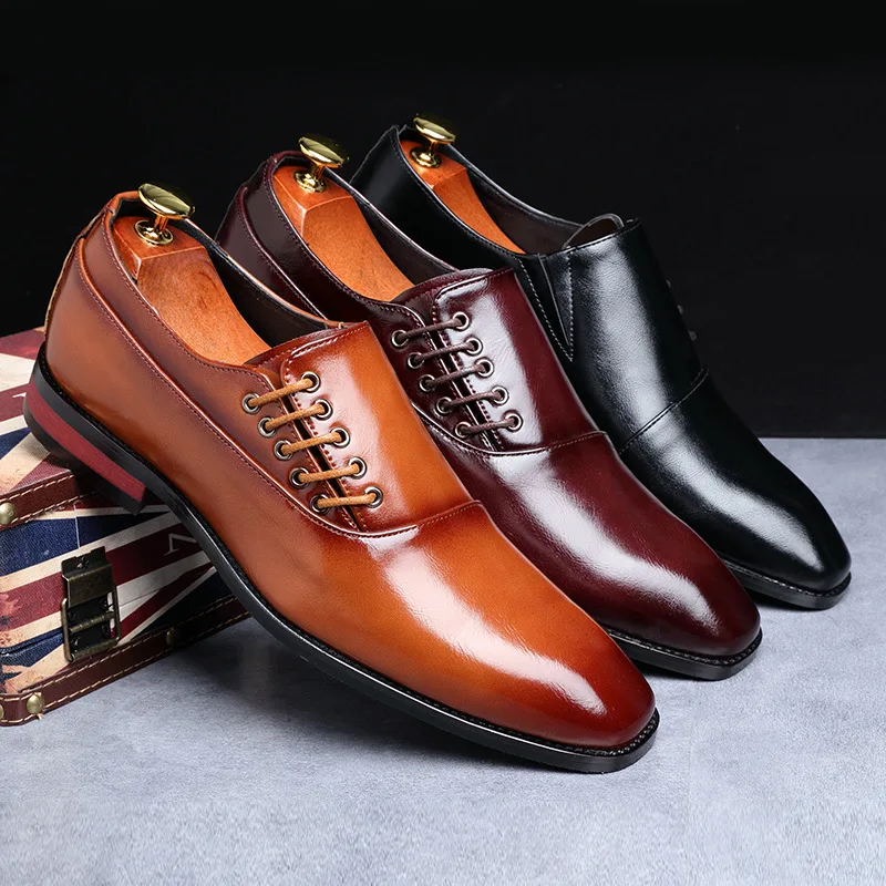 Men Leather Shoes Formal Dress Wedding Shoes Red Wine British Style Business Office Lace-Up Leather Loafers ui98
