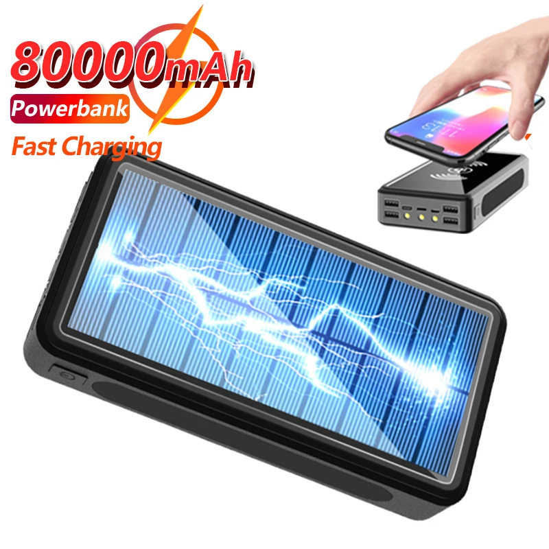 80000mAh QI Solar Wireless Quick Charger Power Bank Outdoor Portable Power Bank External Battery for Xiaomi Mi Samsung IPhone 65w power bank