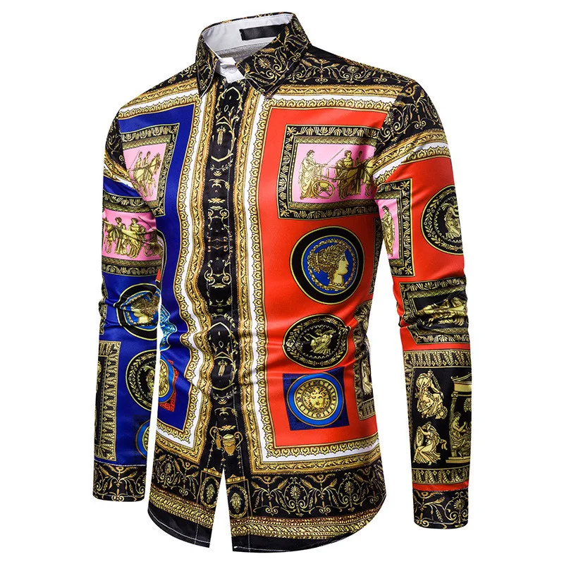HuLooXuJi Men Luxury Shirts Casual Slim Fit Long Sleeve Male Vintage Printed Shirt Party Shirts US Size:M-3XL