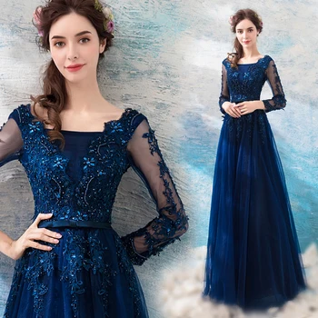 

Navy Blue Long Sleeve Evening Dress A-line Floor Length Lace Crystals Evening Gown Long Mother Of The Bride Dresses 2020