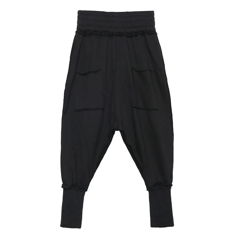 [EAM] Черные длинные штаны-шаровары с карманами и высокой эластичной талией, новинка, свободные брюки для женщин, модные весенне-осенние штаны, 1K842
