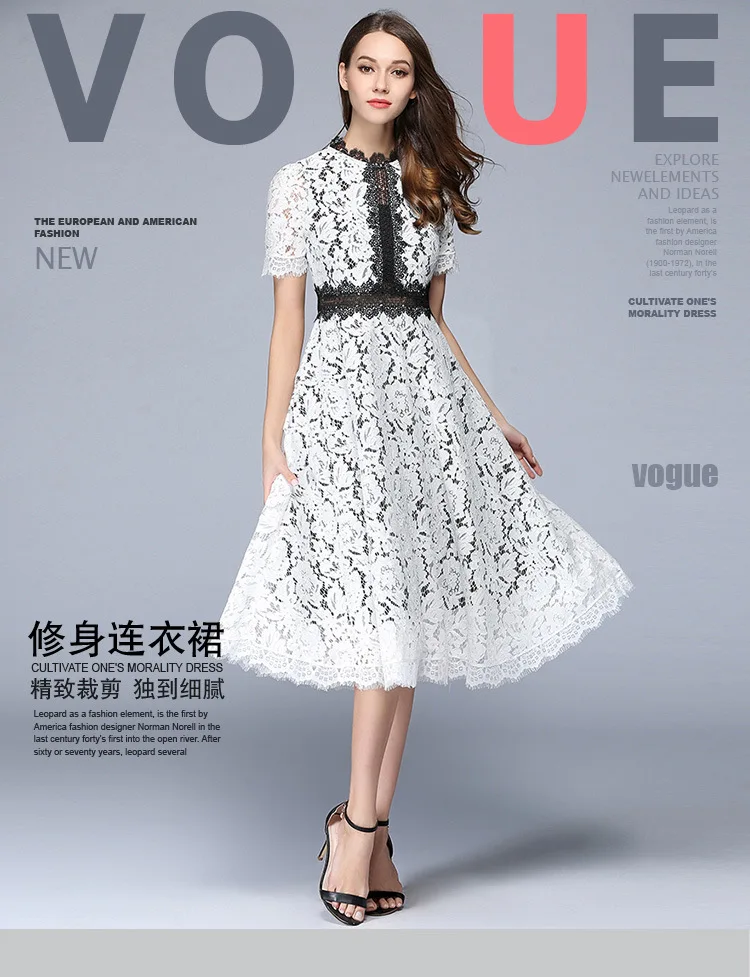Summer AliExpress Hot Selling WOMEN'S Dress Europe And America Fashion Lace Crochet Hollow out Slim Fit A- line Dress