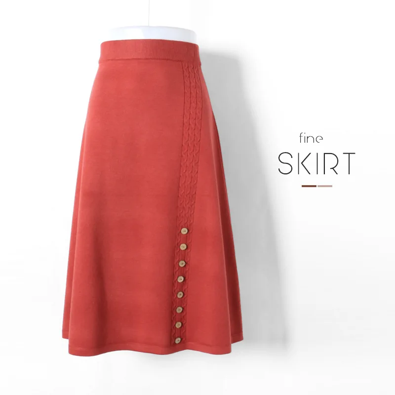 INNASOFAN трикотажная юбка Женская осенне-зимняя юбка с высокой талией модная шикарная юбка сплошного цвета с кнопками - Цвет: Оранжевый