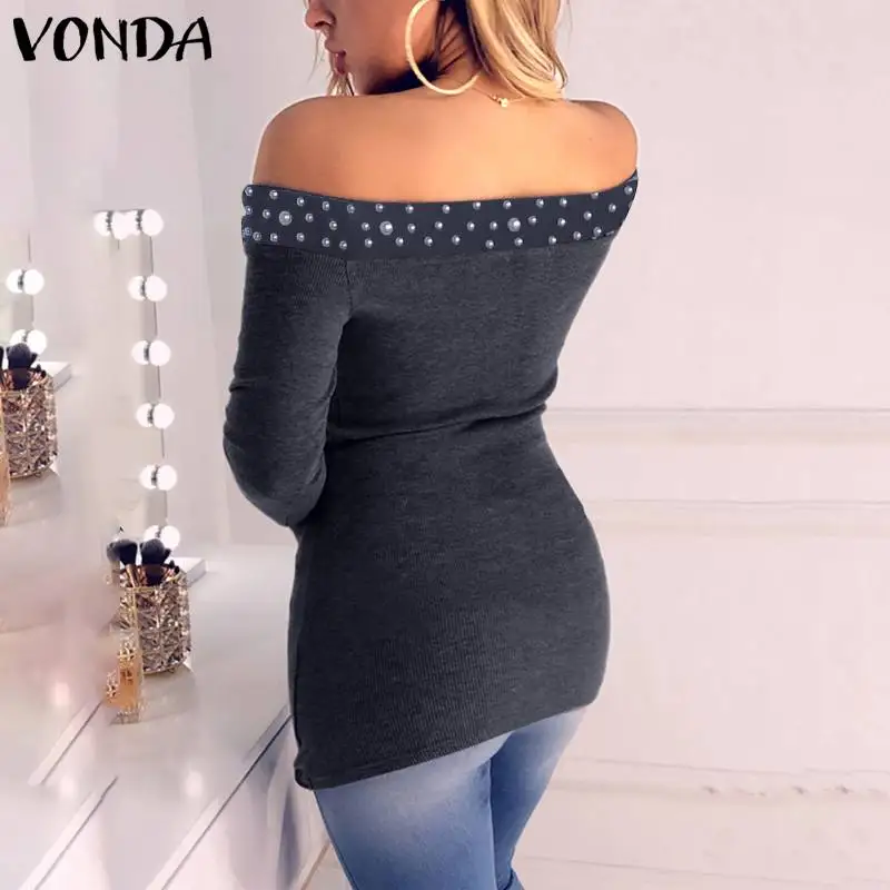 VONDA, Осенние свитшоты,, Женский Повседневный однотонный пуловер с длинным рукавом, водолазка, тонкая блуза на молнии, толстовка, плюс размер, рубашки