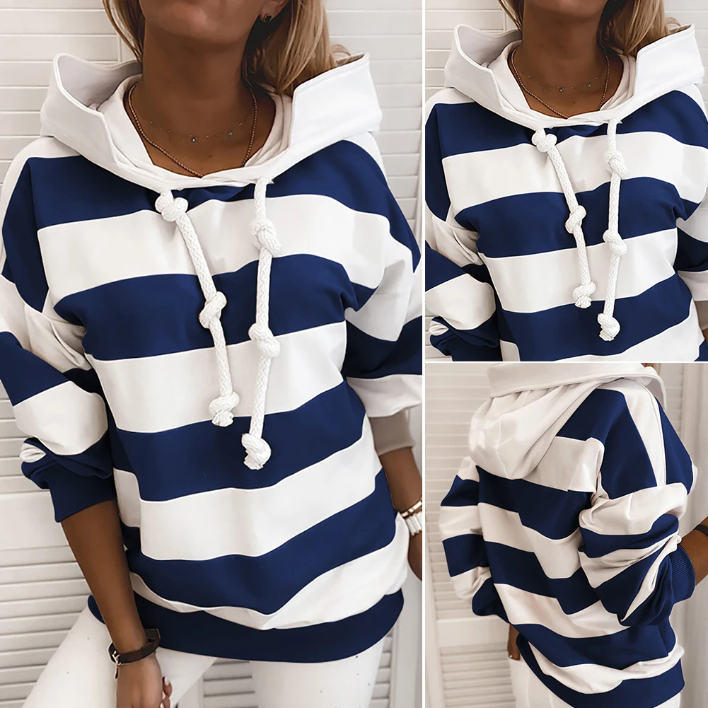 Women Casual Autumn Stripes Color Block Drawstring Hood Sweatshirt Hoodie Blouse Hand Wash with Hood Regular Polyester Spandex