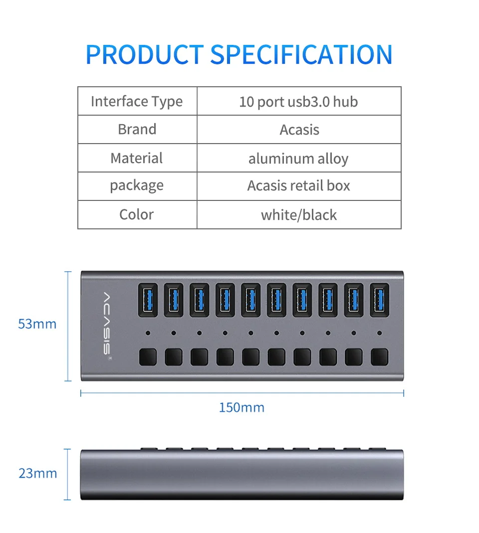 Acasis USB 3,0 концентратор с адаптером питания EU/US/UK 10 портов высокоскоростной USB3.0 концентратор расширитель с переключателем для ПК
