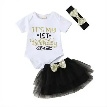 

0-18M Newborn Baby Girl Outfits Clothes Short Sleeve white Romper top black lace tutu Skirts Headband 3PCS Birthday Outfit