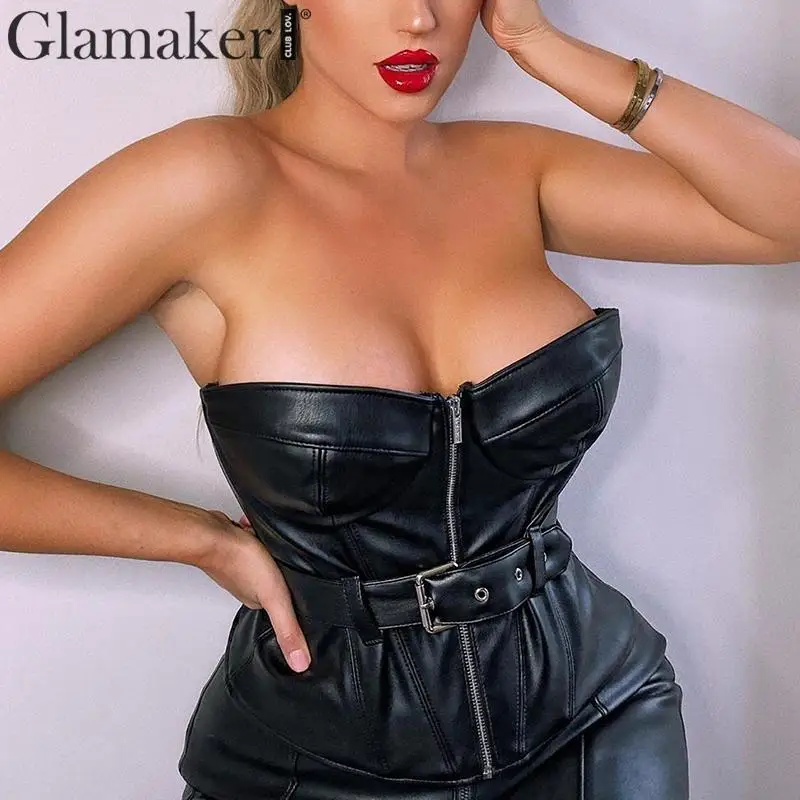 Glamaker кожаный ремень с открытой спиной черный укороченный Топ для женщин на молнии без рукавов уличная Майка cami пикантные модные вечерние Клубные короткие майки