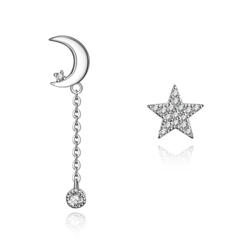 

Korean version of S925 sterling silver ear pin earrings star moon asymmetric wild earrings hypoallergenic zircon earrings female