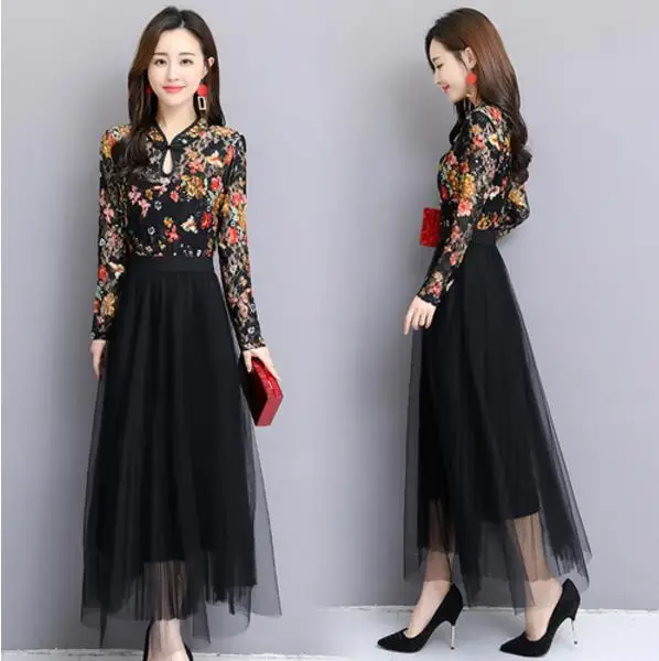 2020 Autumn long-sleeved ethnic style Party lace print dress female large size high quality Vintage Office elegant LJ787 | Женская