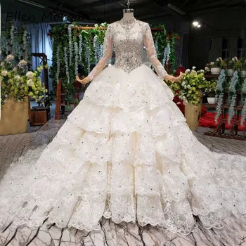 

Long Sleeves Vntage Lace Wedding Dresses Ball Gowns Women Tiered Luxury Crystals High Neck Beads Applique Vestido De Novia 2019