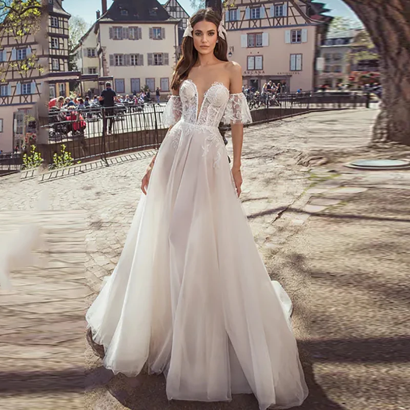 

Verngo A line Wedding Dress Boho Lace Appliques Tulle Wedding Gowns 2020 Elegant Strapless Bride Dress Vestidos De Noiva
