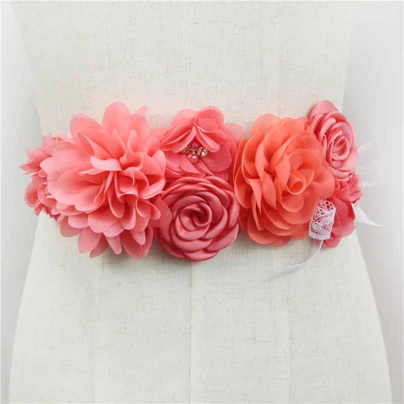 Hochwertiger rosa Chiffon-Blumenbund, handgefertigt, Perlen, Blumenmuster, Umstandsgürtel, Hochzeitskleid, Schärpe, niedliche Accessoires für Frauen – Detail 11