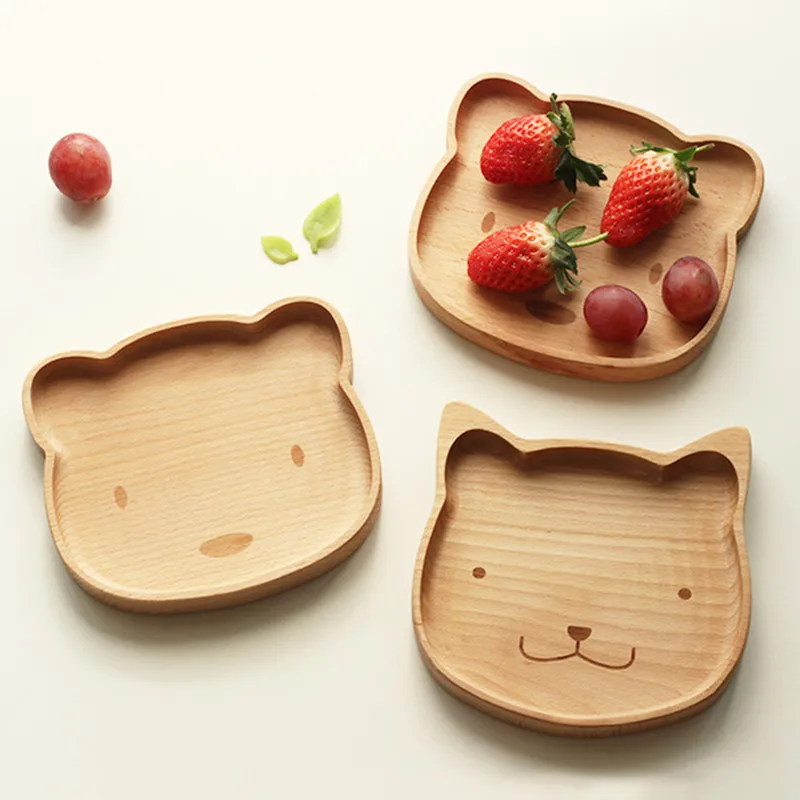 

Cute Whole Wood Cat Bear Solid Cartoon Wood Baby Pan Plate Fruit Dishes Saucer Tea Tray Dessert Dinner Plate Children Tableware