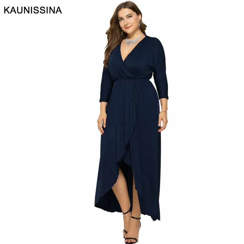 Dark Blue KAUNISSINA размера плюс вечерние платья для женщин с длинным рукавом Твердые коктейльные платья с длинным v-образным вырезом платье для выпускного вечера Вечернее платье для коктейля - Цвет: Dark Blue