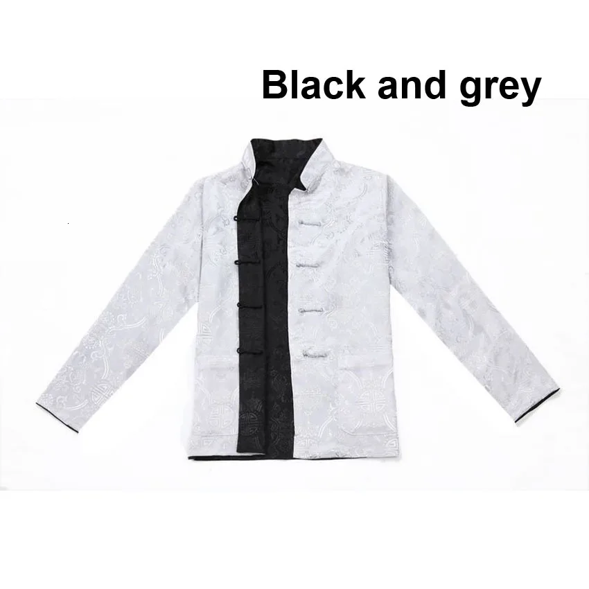 Black and grey Китайские традиционные костюмы, мужская рубашка, одежда для свадебной вечеринки, китайская Новогодняя одежда для кунг-фу, рубашка с длинными рукавами с обеих сторон - Цвет: Black and grey