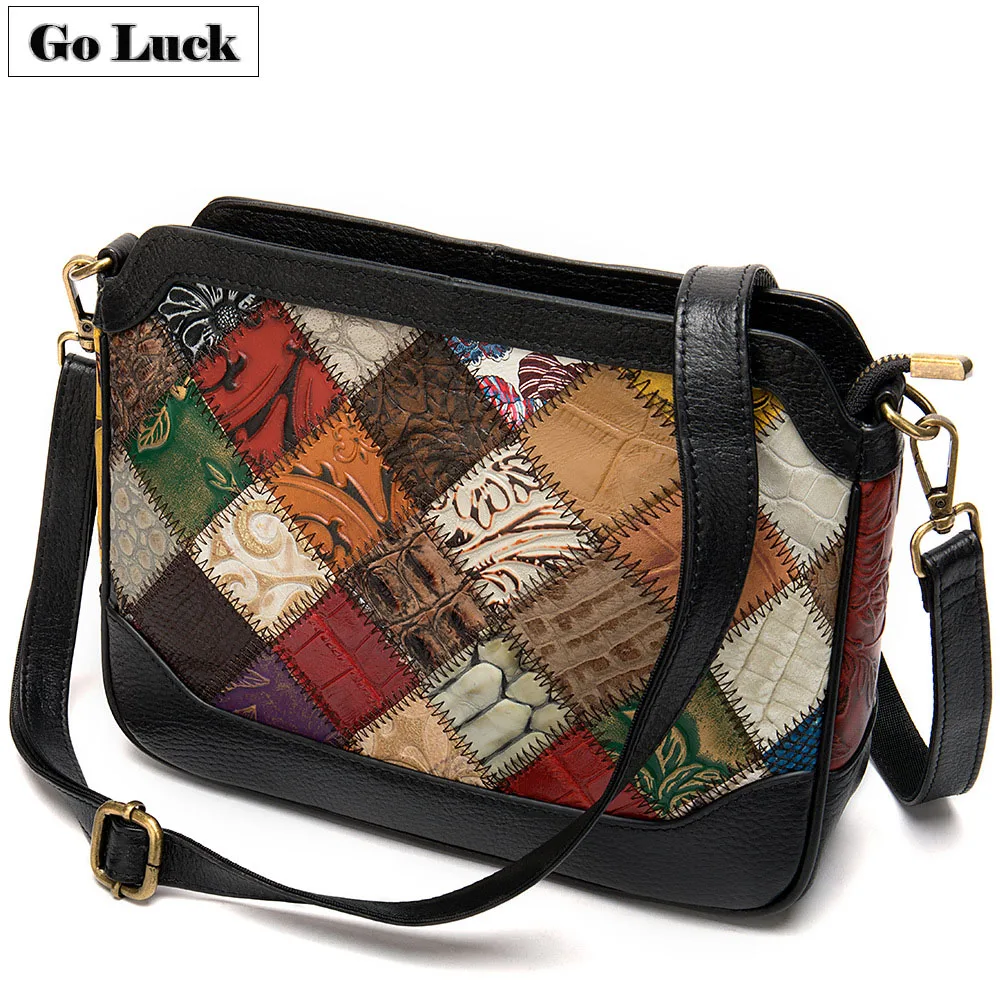 

GO-LUCK Brand Flower Engraved Patchwork Genuine Leather Women Crossbody Shoulder Bags Women's Cowhide Messenger Bag Fashion